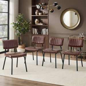 English Elm 2 Brown PU Leather Dining Chairs Channel Tufted Mid Century Industrial Steel Frame Set W3875P466924