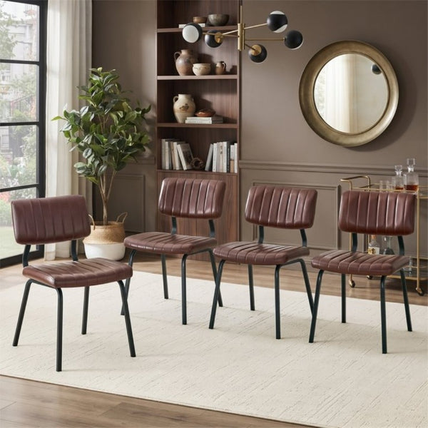 English Elm 2 Brown PU Leather Dining Chairs Channel Tufted Mid Century Industrial Steel Frame Set W3875P466924