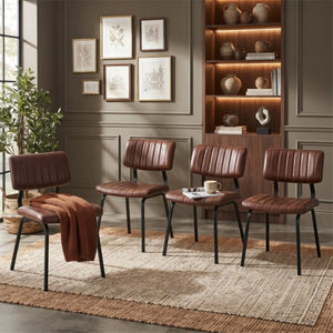 English Elm 2 Brown PU Leather Dining Chairs Channel Tufted Mid Century Industrial Steel Frame Set W3875P466924