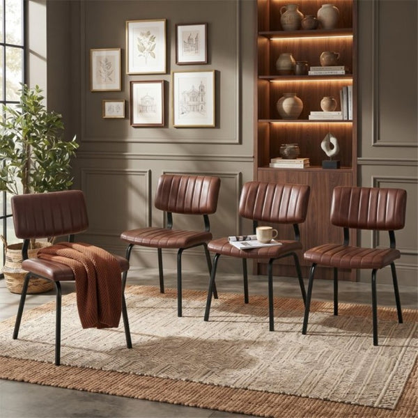 English Elm 2 Brown PU Leather Dining Chairs Channel Tufted Mid Century Industrial Steel Frame Set W3875P466924