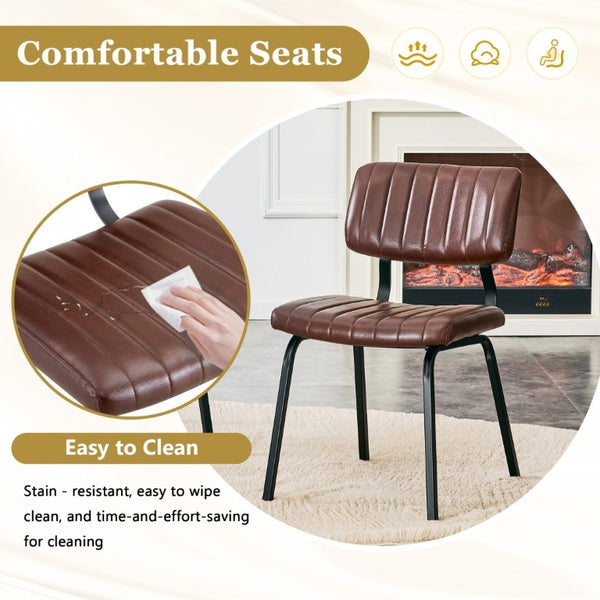 English Elm 2 Brown PU Leather Dining Chairs Channel Tufted Mid Century Industrial Steel Frame Set W3875P466924