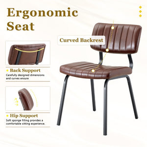 English Elm 2 Brown PU Leather Dining Chairs Channel Tufted Mid Century Industrial Steel Frame Set W3875P466924