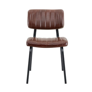 English Elm 2 Brown PU Leather Dining Chairs Channel Tufted Mid Century Industrial Steel Frame Set W3875P466924