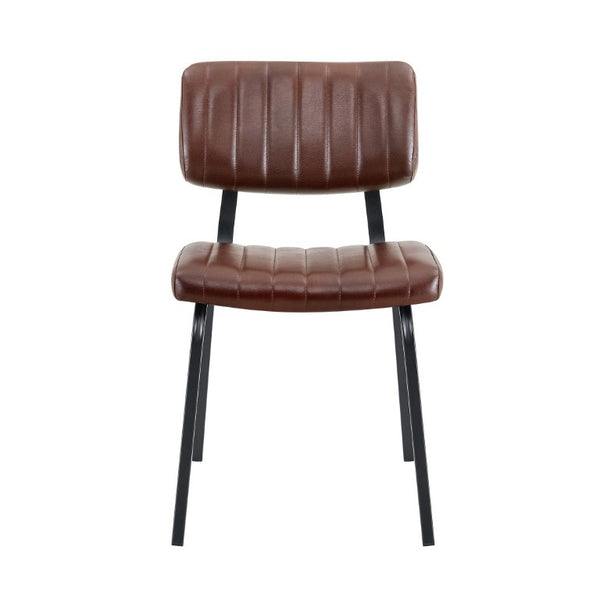 English Elm 2 Brown PU Leather Dining Chairs Channel Tufted Mid Century Industrial Steel Frame Set W3875P466924