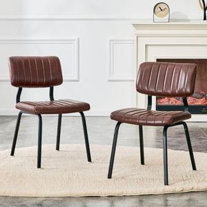 English Elm 2 Brown PU Leather Dining Chairs Channel Tufted Mid Century Industrial Steel Frame Set W3875P466924