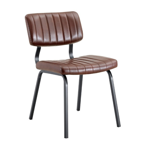 English Elm 2 Brown PU Leather Dining Chairs Channel Tufted Mid Century Industrial Steel Frame Set W3875P466924