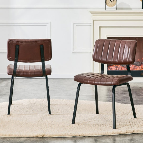 English Elm 2 Brown PU Leather Dining Chairs Channel Tufted Mid Century Industrial Steel Frame Set W3875P466924
