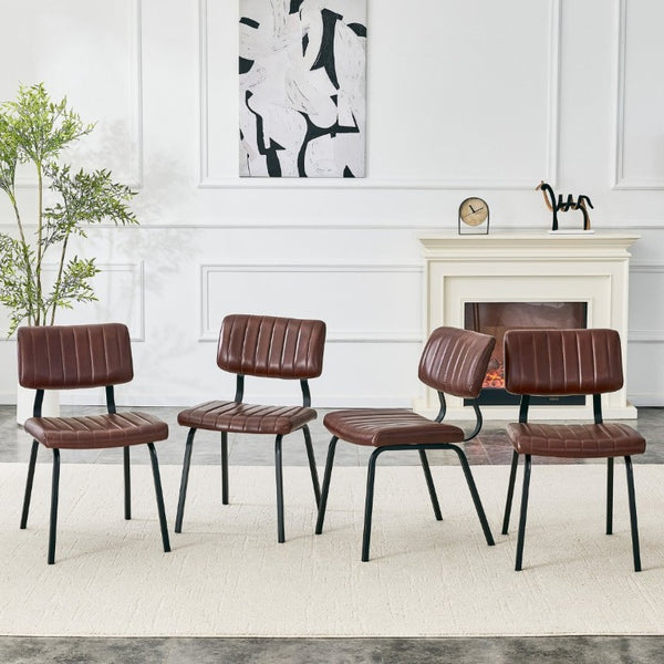 English Elm 2 Brown PU Leather Dining Chairs Channel Tufted Mid Century Industrial Steel Frame Set W3875P466924