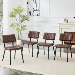 English Elm 2 Brown PU Leather Dining Chairs Channel Tufted Mid Century Industrial Steel Frame Set W3875P466924