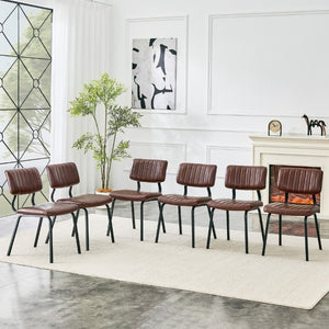 English Elm 2 Brown PU Leather Dining Chairs Channel Tufted Mid Century Industrial Steel Frame Set W3875P466924