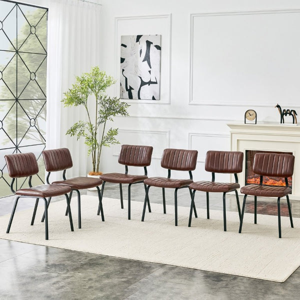 English Elm 2 Brown PU Leather Dining Chairs Channel Tufted Mid Century Industrial Steel Frame Set W3875P466924
