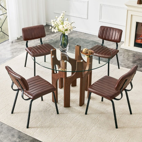 English Elm 2 Brown PU Leather Dining Chairs Channel Tufted Mid Century Industrial Steel Frame Set W3875P466924