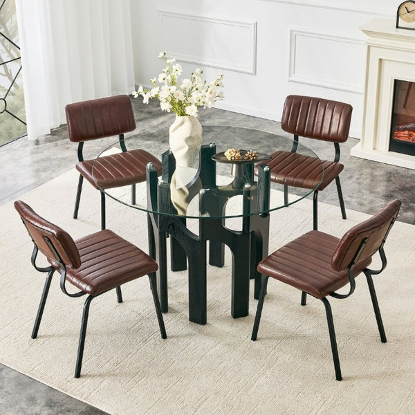 English Elm 2 Brown PU Leather Dining Chairs Channel Tufted Mid Century Industrial Steel Frame Set W3875P466924