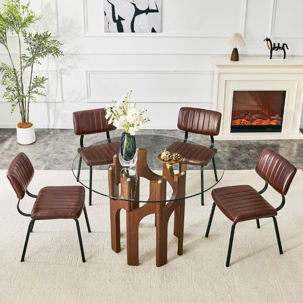 English Elm 2 Brown PU Leather Dining Chairs Channel Tufted Mid Century Industrial Steel Frame Set W3875P466924