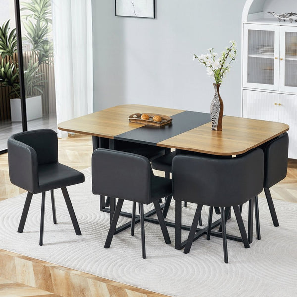 English Elm 7-piece Modern Dining Set Seats Six with Metal Legs Pu Upholstered Chairs Melamine Top Black, Wood Wood Grain W3875S00157