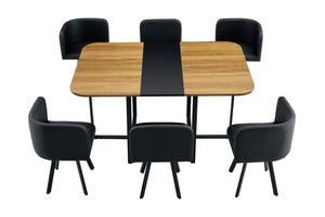 English Elm 7-piece Modern Dining Set Seats Six with Metal Legs Pu Upholstered Chairs Melamine Top Black, Wood Wood Grain W3875S00157