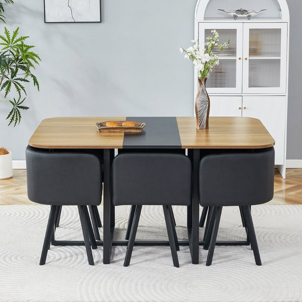 English Elm 7-piece Modern Dining Set Seats Six with Metal Legs Pu Upholstered Chairs Melamine Top Black, Wood Wood Grain W3875S00157