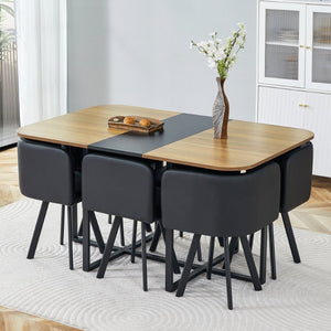 English Elm 7-piece Modern Dining Set Seats Six with Metal Legs Pu Upholstered Chairs Melamine Top Black, Wood Wood Grain W3875S00157