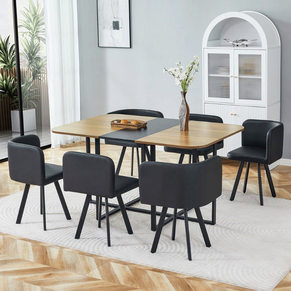 English Elm 7-piece Modern Dining Set Seats Six with Metal Legs Pu Upholstered Chairs Melamine Top Black, Wood Wood Grain W3875S00157
