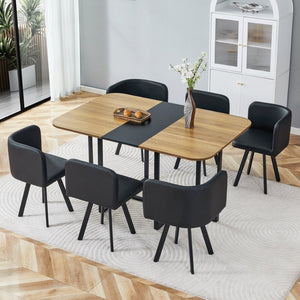 English Elm 7-piece Modern Dining Set Seats Six with Metal Legs Pu Upholstered Chairs Melamine Top Black, Wood Wood Grain W3875S00157