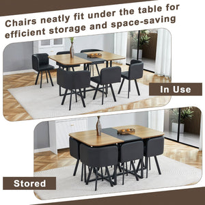 English Elm 7-piece Modern Dining Set Seats Six with Metal Legs Pu Upholstered Chairs Melamine Top Black, Wood Wood Grain W3875S00157