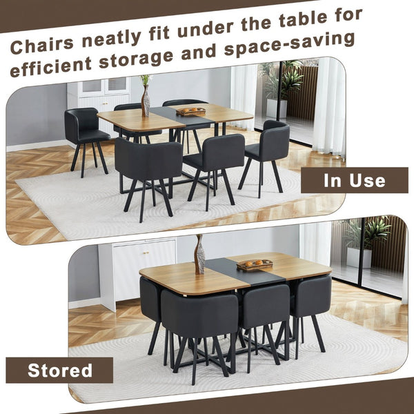 English Elm 7-piece Modern Dining Set Seats Six with Metal Legs Pu Upholstered Chairs Melamine Top Black, Wood Wood Grain W3875S00157