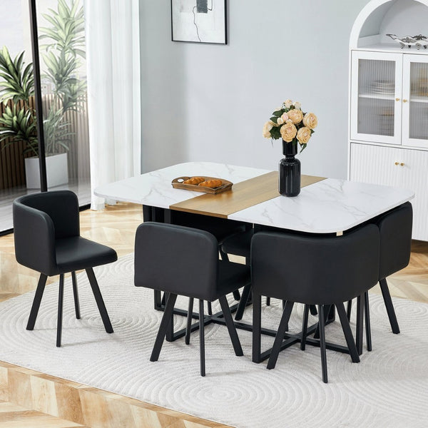 English Elm 7-piece Space Saving Dining Set with Melamine Table Pu Cushioned Chairs Iron Frame Black, White, Wood - A W3875S00158