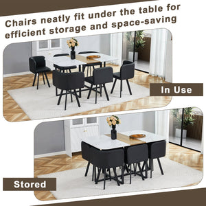 English Elm 7-piece Space Saving Dining Set with Melamine Table Pu Cushioned Chairs Iron Frame Black, White, Wood - A W3875S00158