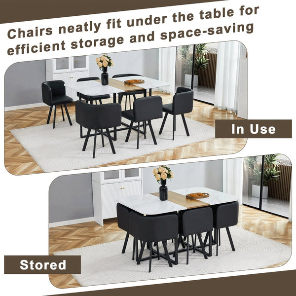 English Elm 7-piece Space Saving Dining Set with Melamine Table Pu Cushioned Chairs Iron Frame Black, White, Wood - A W3875S00158
