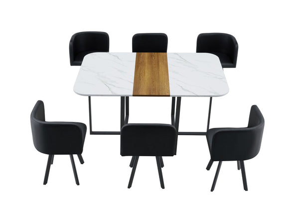 English Elm 7-piece Space Saving Dining Set with Melamine Table Pu Cushioned Chairs Iron Frame Black, White, Wood - A W3875S00158