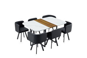 English Elm 7-piece Space Saving Dining Set with Melamine Table Pu Cushioned Chairs Iron Frame Black, White, Wood - A W3875S00158