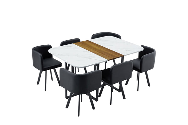 English Elm 7-piece Space Saving Dining Set with Melamine Table Pu Cushioned Chairs Iron Frame Black, White, Wood - A W3875S00158