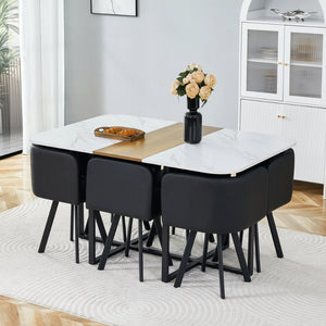 English Elm 7-piece Space Saving Dining Set with Melamine Table Pu Cushioned Chairs Iron Frame Black, White, Wood - A W3875S00158