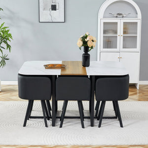 English Elm 7-piece Space Saving Dining Set with Melamine Table Pu Cushioned Chairs Iron Frame Black, White, Wood - A W3875S00158