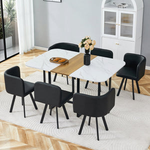 English Elm 7-piece Space Saving Dining Set with Melamine Table Pu Cushioned Chairs Iron Frame Black, White, Wood - A W3875S00158