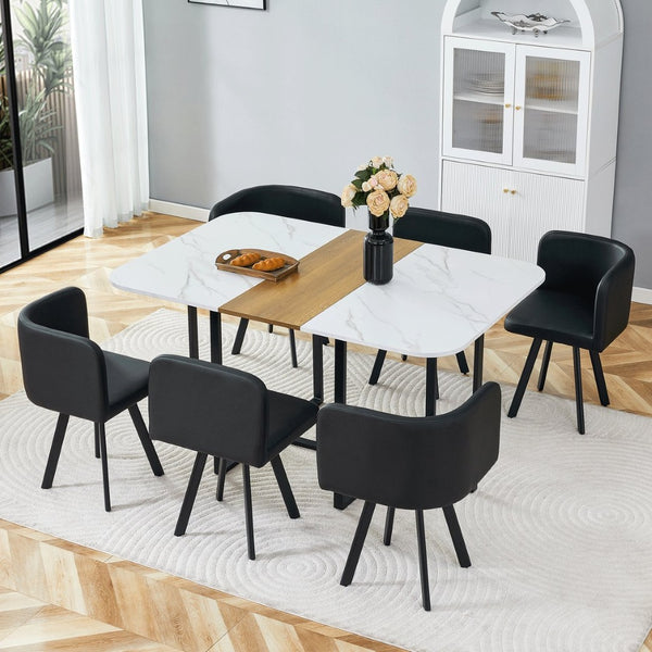English Elm 7-piece Space Saving Dining Set with Melamine Table Pu Cushioned Chairs Iron Frame Black, White, Wood - A W3875S00158
