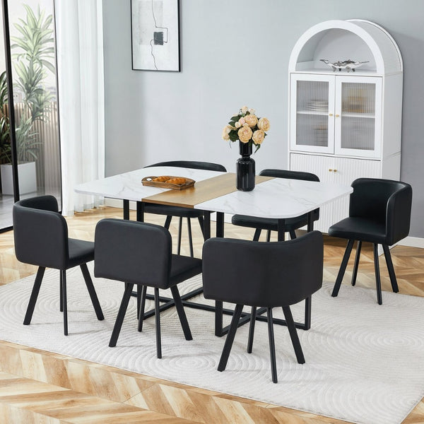 English Elm 7-piece Space Saving Dining Set with Melamine Table Pu Cushioned Chairs Iron Frame Black, White, Wood - A W3875S00158