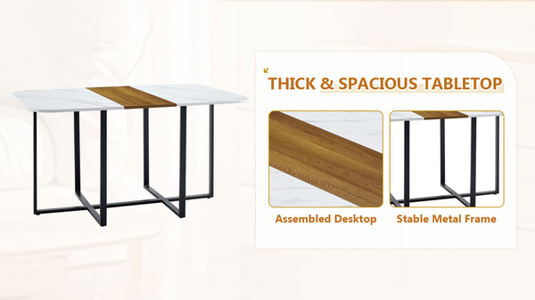 English Elm 7-piece Space Saving Dining Set with Melamine Table Pu Cushioned Chairs Iron Frame Black, White, Wood - A W3875S00158