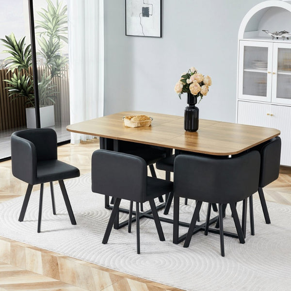 English Elm 7-piece Modern Dining Set Seats Six with Metal Legs Pu Upholstered Chairs Melamine Top Black, Wood Standard W3875S00160