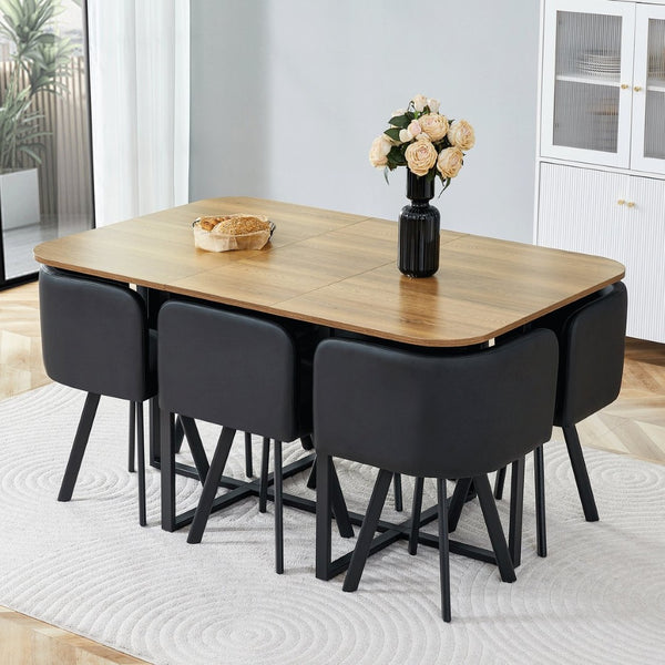 English Elm 7-piece Modern Dining Set Seats Six with Metal Legs Pu Upholstered Chairs Melamine Top Black, Wood Standard W3875S00160