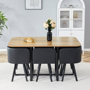 English Elm 7-piece Modern Dining Set Seats Six with Metal Legs Pu Upholstered Chairs Melamine Top Black, Wood Standard W3875S00160
