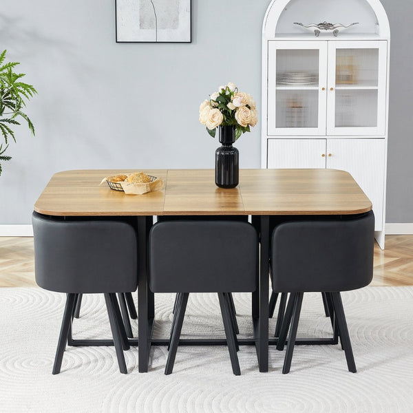 English Elm 7-piece Modern Dining Set Seats Six with Metal Legs Pu Upholstered Chairs Melamine Top Black, Wood Standard W3875S00160