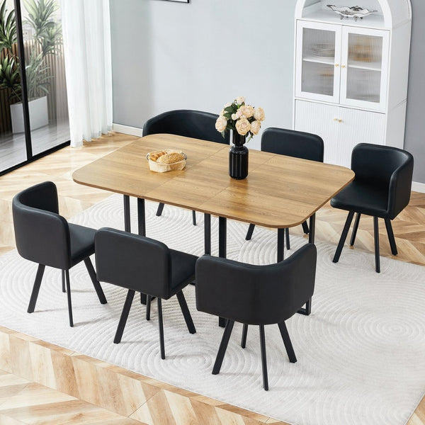 English Elm 7-piece Modern Dining Set Seats Six with Metal Legs Pu Upholstered Chairs Melamine Top Black, Wood Standard W3875S00160