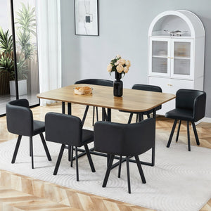 English Elm 7-piece Modern Dining Set Seats Six with Metal Legs Pu Upholstered Chairs Melamine Top Black, Wood Standard W3875S00160