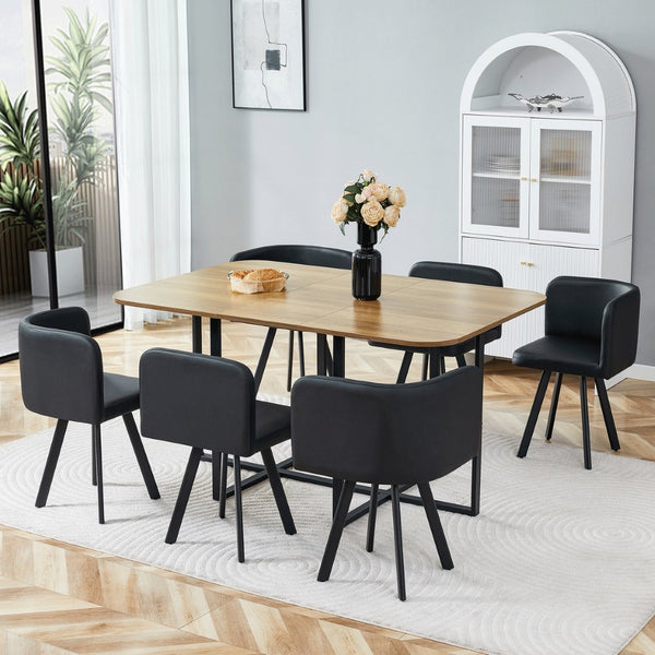 English Elm 7-piece Modern Dining Set Seats Six with Metal Legs Pu Upholstered Chairs Melamine Top Black, Wood Standard W3875S00160