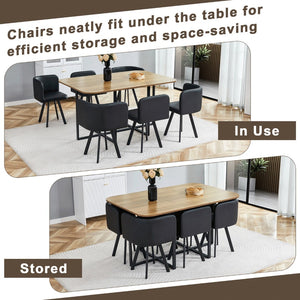 English Elm 7-piece Modern Dining Set Seats Six with Metal Legs Pu Upholstered Chairs Melamine Top Black, Wood Standard W3875S00160