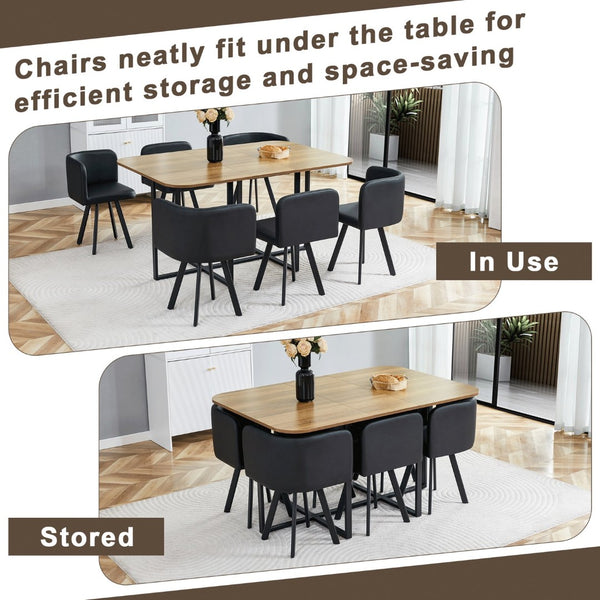 English Elm 7-piece Modern Dining Set Seats Six with Metal Legs Pu Upholstered Chairs Melamine Top Black, Wood Standard W3875S00160