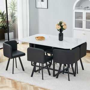 English Elm 7-piece Modern Dining Set Seats Six with Metal Legs Pu Upholstered Chairs Melamine Top Black, White Marble W3875S00161