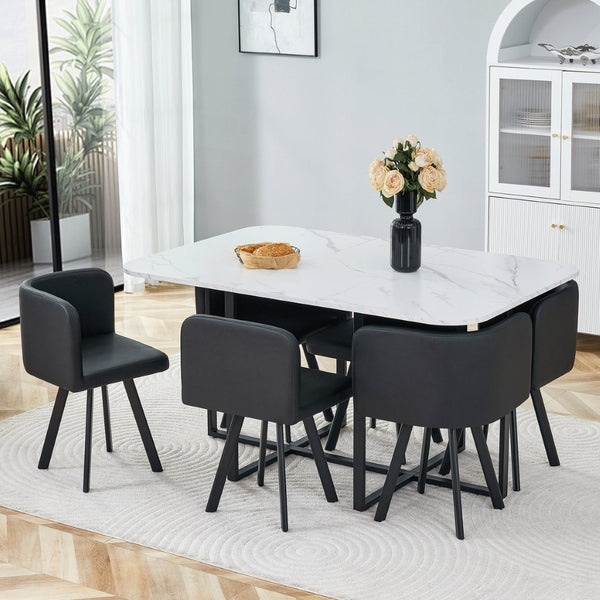 English Elm 7-piece Modern Dining Set Seats Six with Metal Legs Pu Upholstered Chairs Melamine Top Black, White Marble W3875S00161