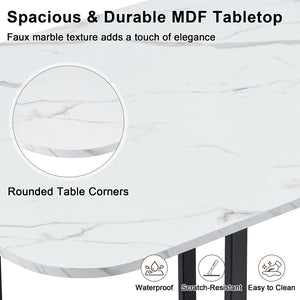 English Elm 7-piece Modern Dining Set Seats Six with Metal Legs Pu Upholstered Chairs Melamine Top Black, White Marble W3875S00161
